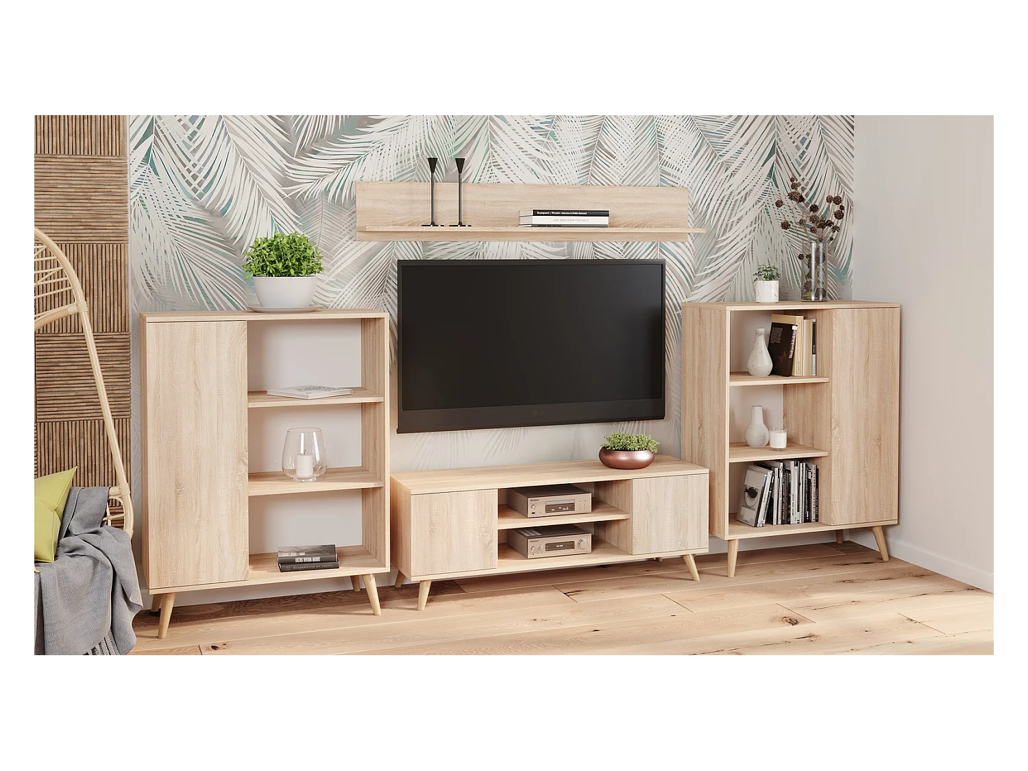 Librería Color Roble 90x116x40 cm – Estilo Escandinavo con 3 Estantes, 1 Puerta y Patas de Madera