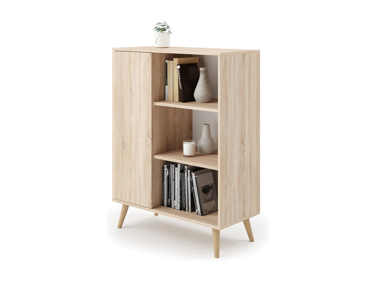Librería Color Roble 90x116x40 cm – Estilo Escandinavo con 3 Estantes, 1 Puerta y Patas de Madera