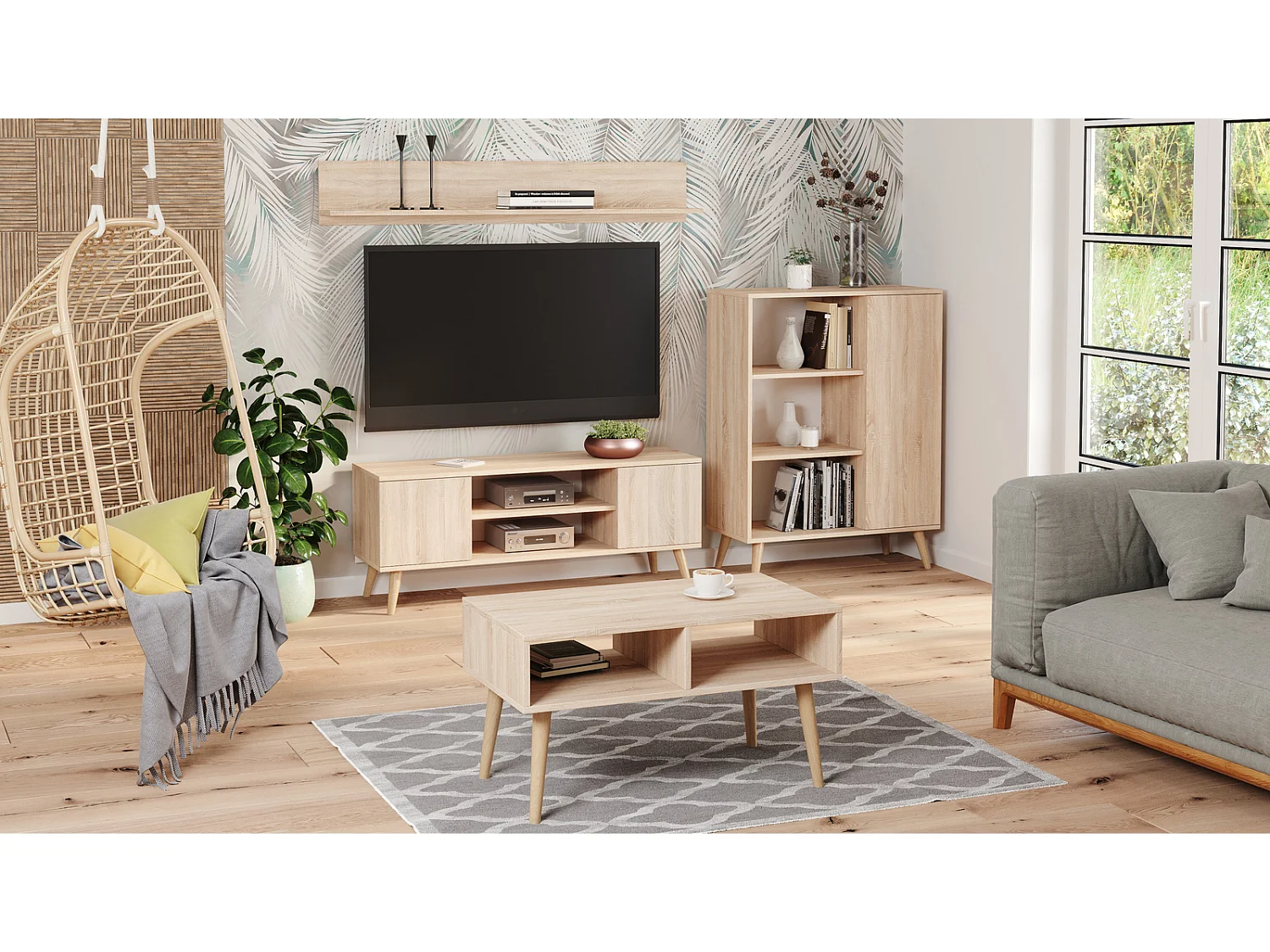 Librería Color Roble 90x116x40 cm – Estilo Escandinavo con 3 Estantes, 1 Puerta y Patas de Madera