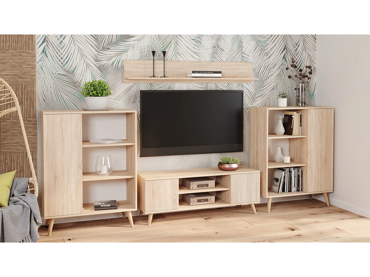 Librería Color Roble 90x116x40 cm – Estilo Escandinavo con 3 Estantes, 1 Puerta y Patas de Madera