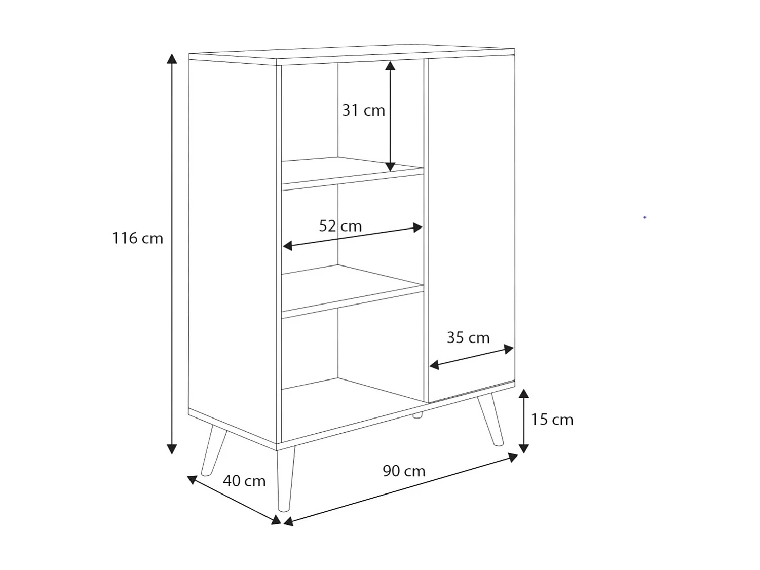 Librería Color Roble 90x116x40 cm – Estilo Escandinavo con 3 Estantes, 1 Puerta y Patas de Madera