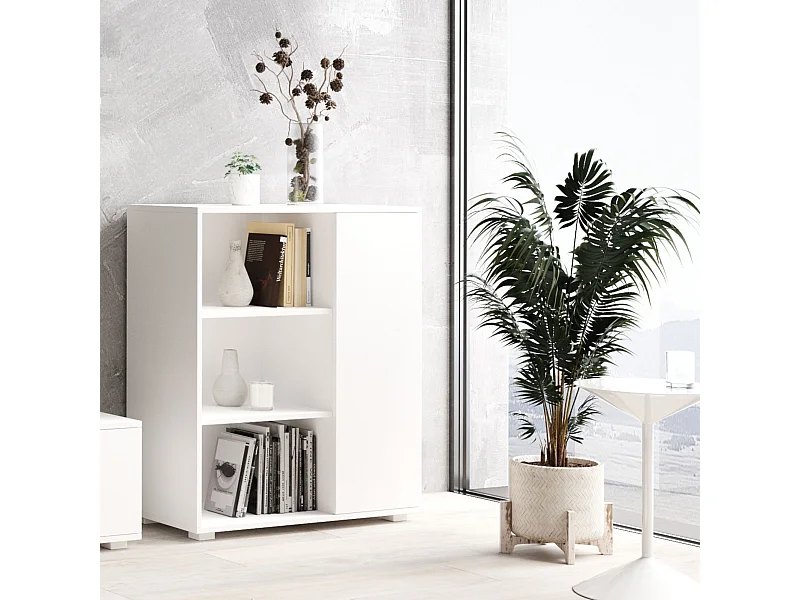 Librería Color Blanco 90x116x40 cm – Estilo Escandinavo con 3 Estantes, 1 Puerta y Patas de Madera