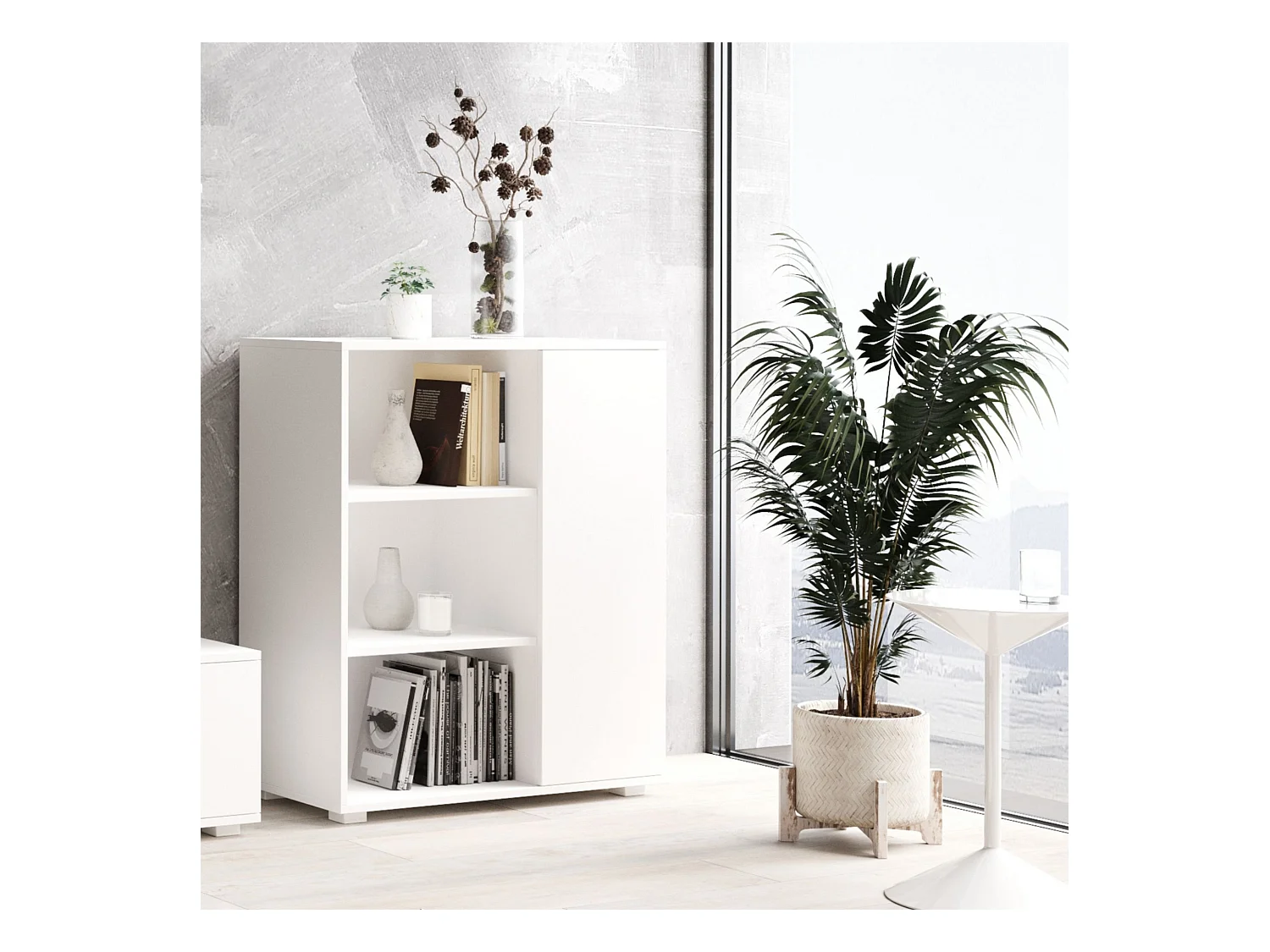 Librería Color Blanco 90x116x40 cm – Estilo Escandinavo con 3 Estantes, 1 Puerta y Patas de Madera