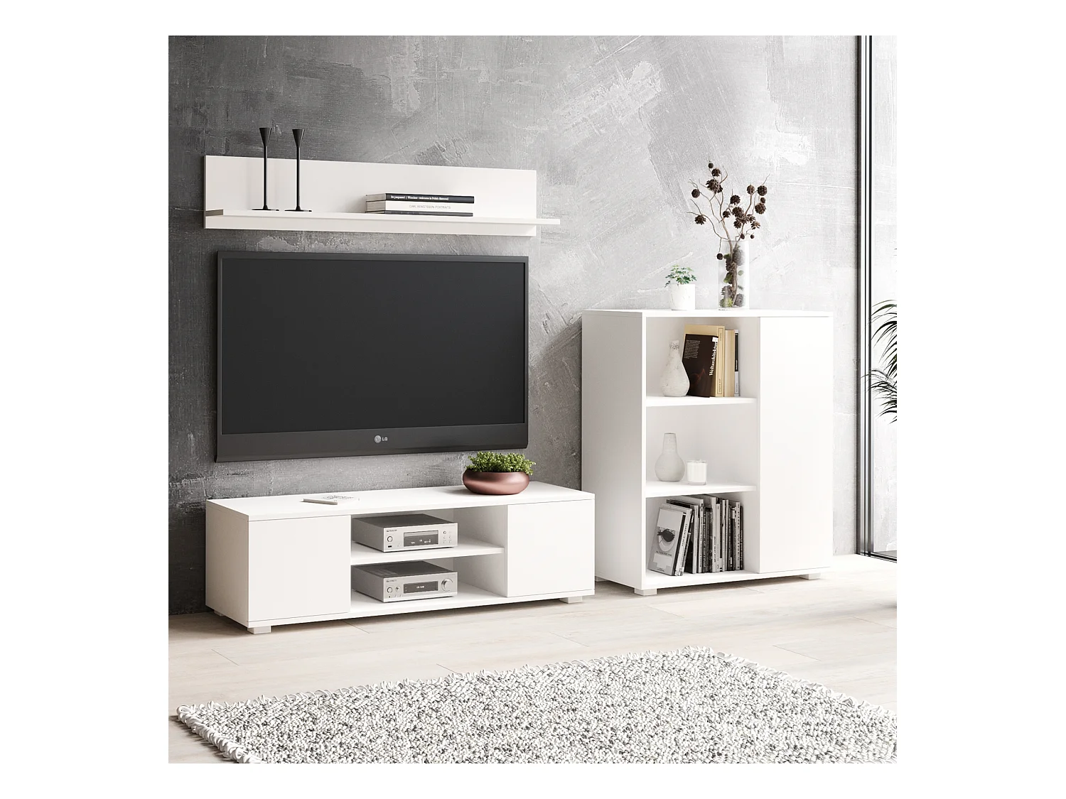 Librería Color Blanco 90x116x40 cm – Estilo Escandinavo con 3 Estantes, 1 Puerta y Patas de Madera