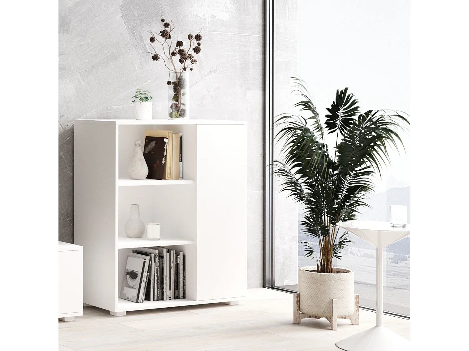 Librería Color Blanco 90x116x40 cm – Estilo Escandinavo con 3 Estantes, 1 Puerta y Patas de Madera