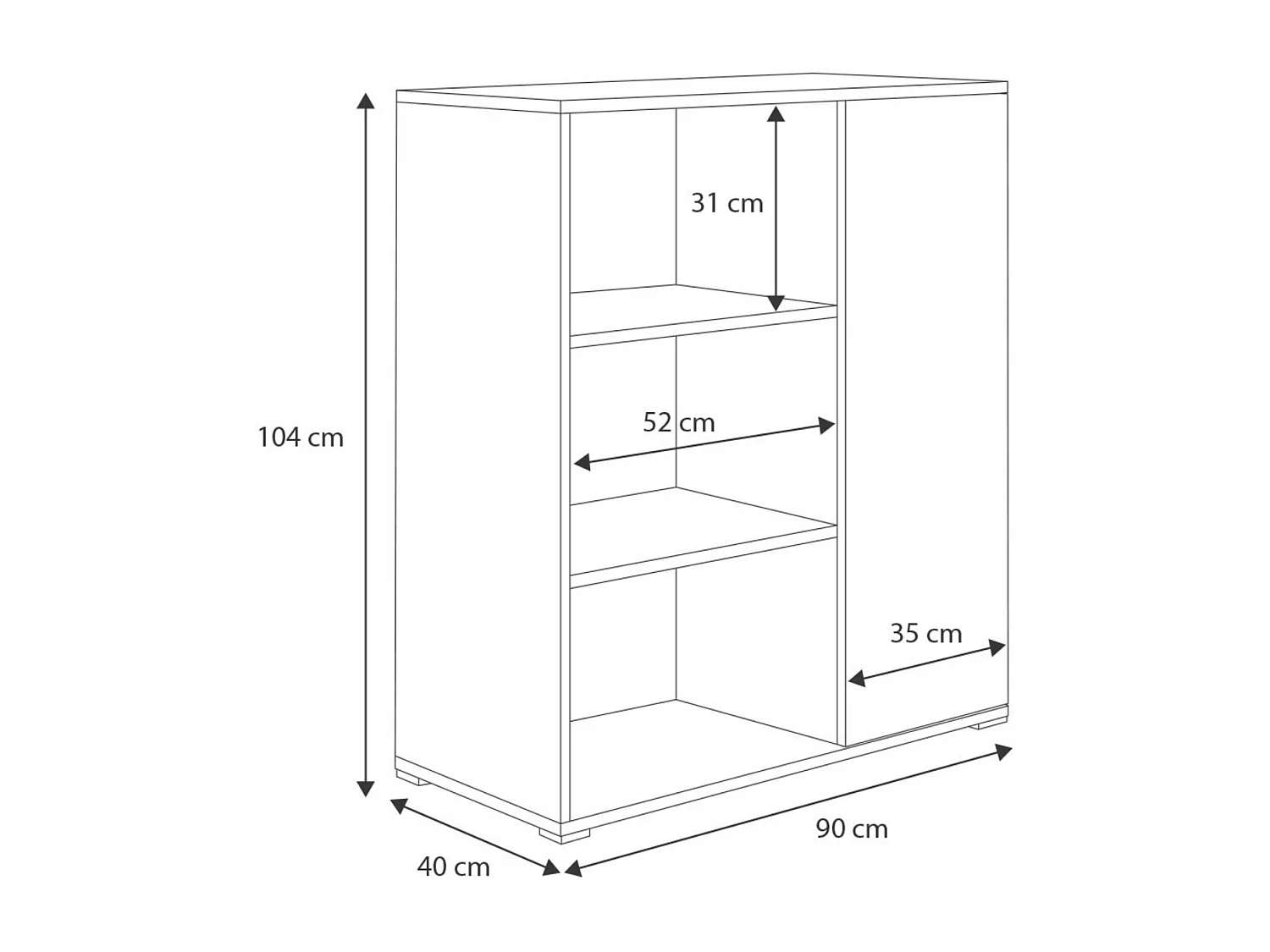Librería Color Blanco 90x116x40 cm – Estilo Escandinavo con 3 Estantes, 1 Puerta y Patas de Madera