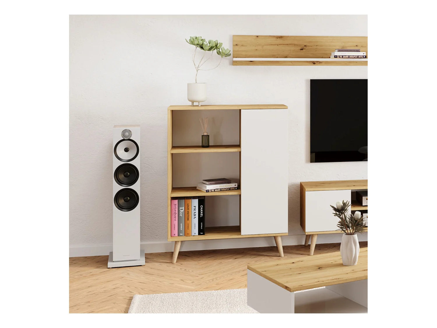 Librería Color Roble Artesanal y Blanco 90x116x40 cm – Estilo Escandinavo con 3 Estantes, 1 Puerta y Patas de Madera