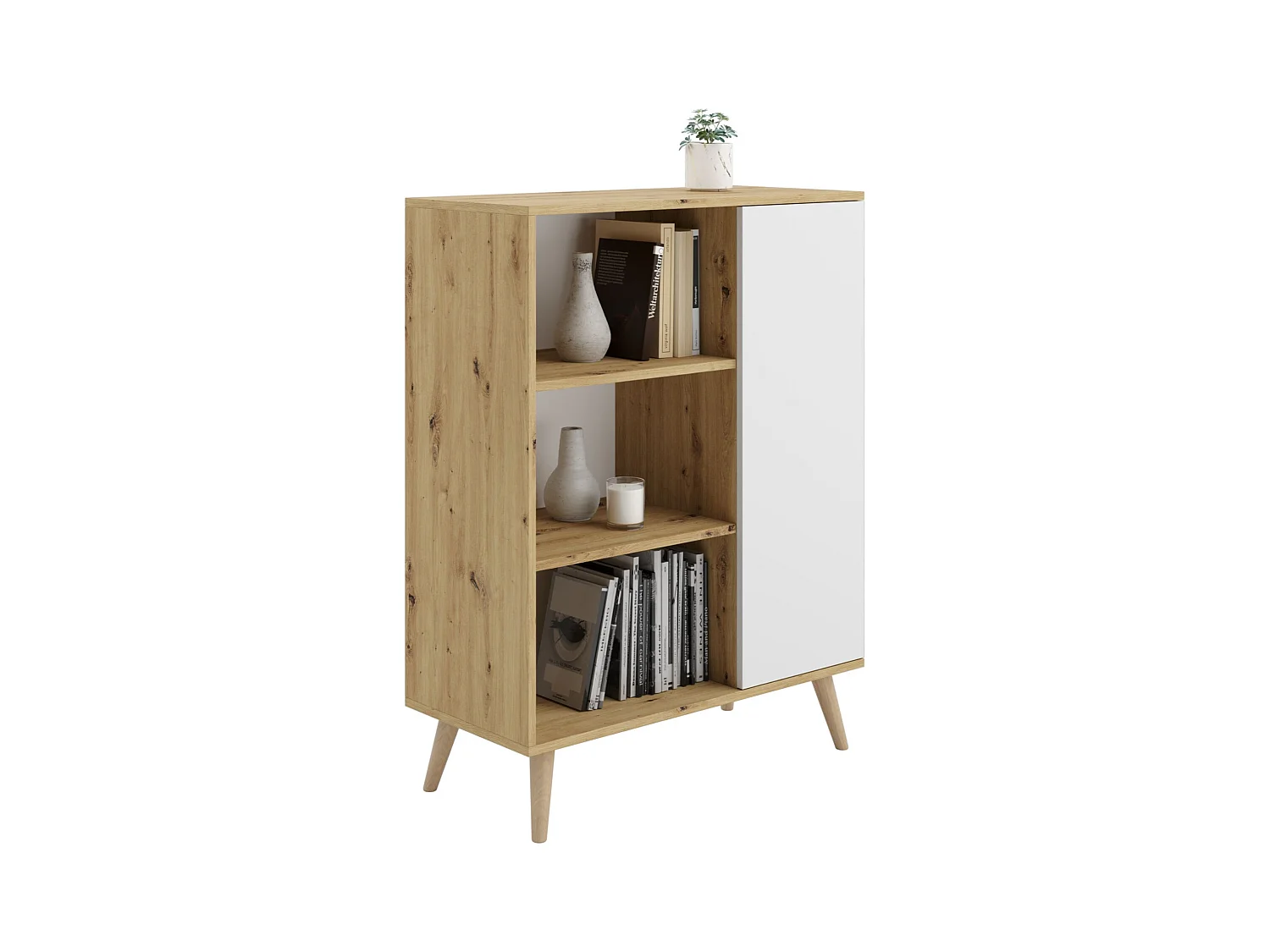 Librería Color Roble Artesanal y Blanco 90x116x40 cm – Estilo Escandinavo con 3 Estantes, 1 Puerta y Patas de Madera