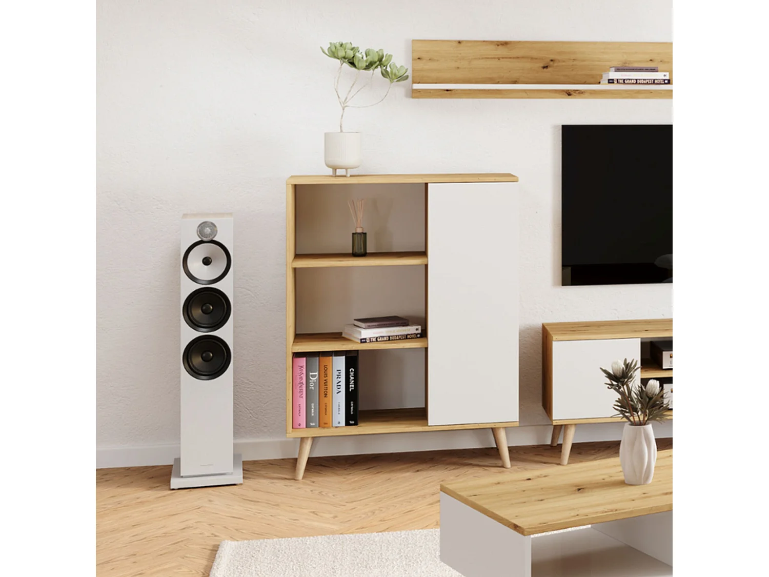 Librería Color Roble Artesanal y Blanco 90x116x40 cm – Estilo Escandinavo con 3 Estantes, 1 Puerta y Patas de Madera