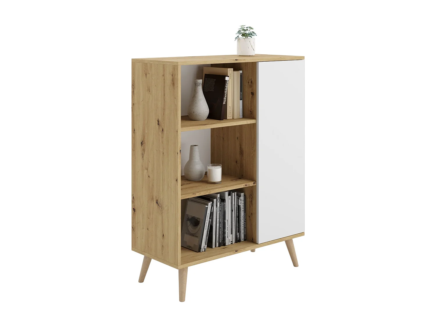 Librería Color Roble Artesanal y Blanco 90x116x40 cm – Estilo Escandinavo con 3 Estantes, 1 Puerta y Patas de Madera