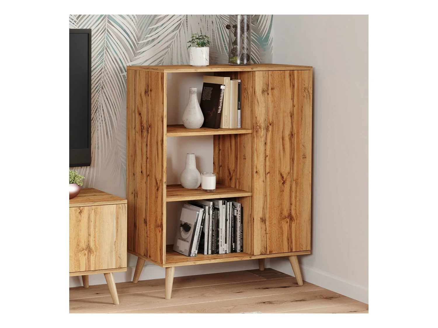 Librería Color Roble Dorado 90x116x40 cm – Estilo Escandinavo con 3 Estantes, 1 Puerta y Patas de Madera