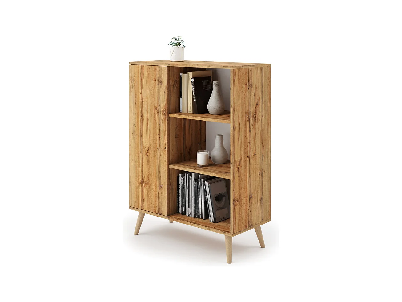 Librería Color Roble Dorado 90x116x40 cm – Estilo Escandinavo con 3 Estantes, 1 Puerta y Patas de Madera