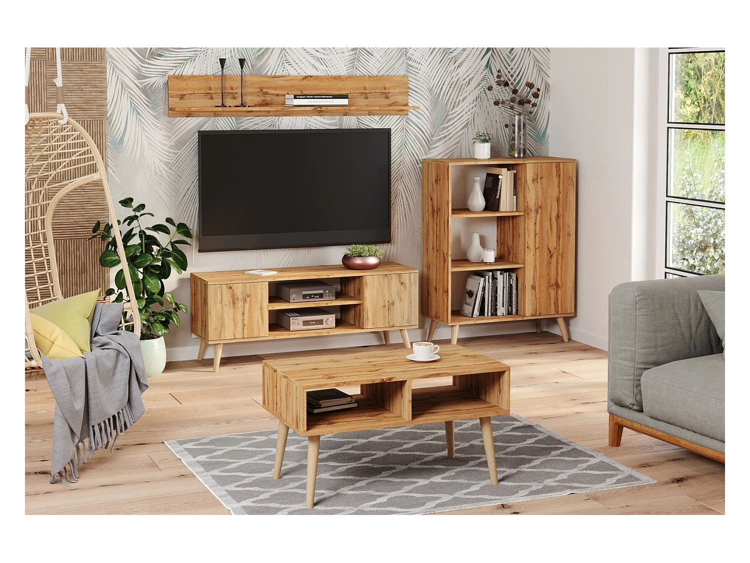 Librería Color Roble Dorado 90x116x40 cm – Estilo Escandinavo con 3 Estantes, 1 Puerta y Patas de Madera