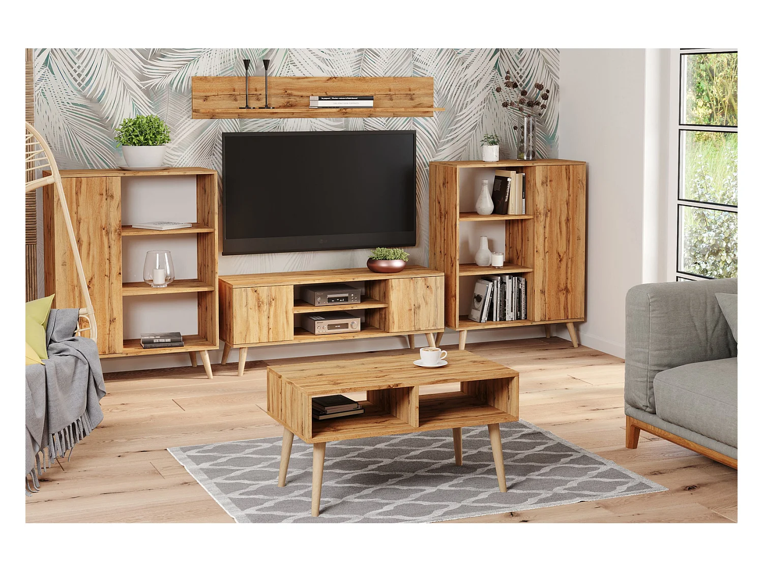 Librería Color Roble Dorado 90x116x40 cm – Estilo Escandinavo con 3 Estantes, 1 Puerta y Patas de Madera