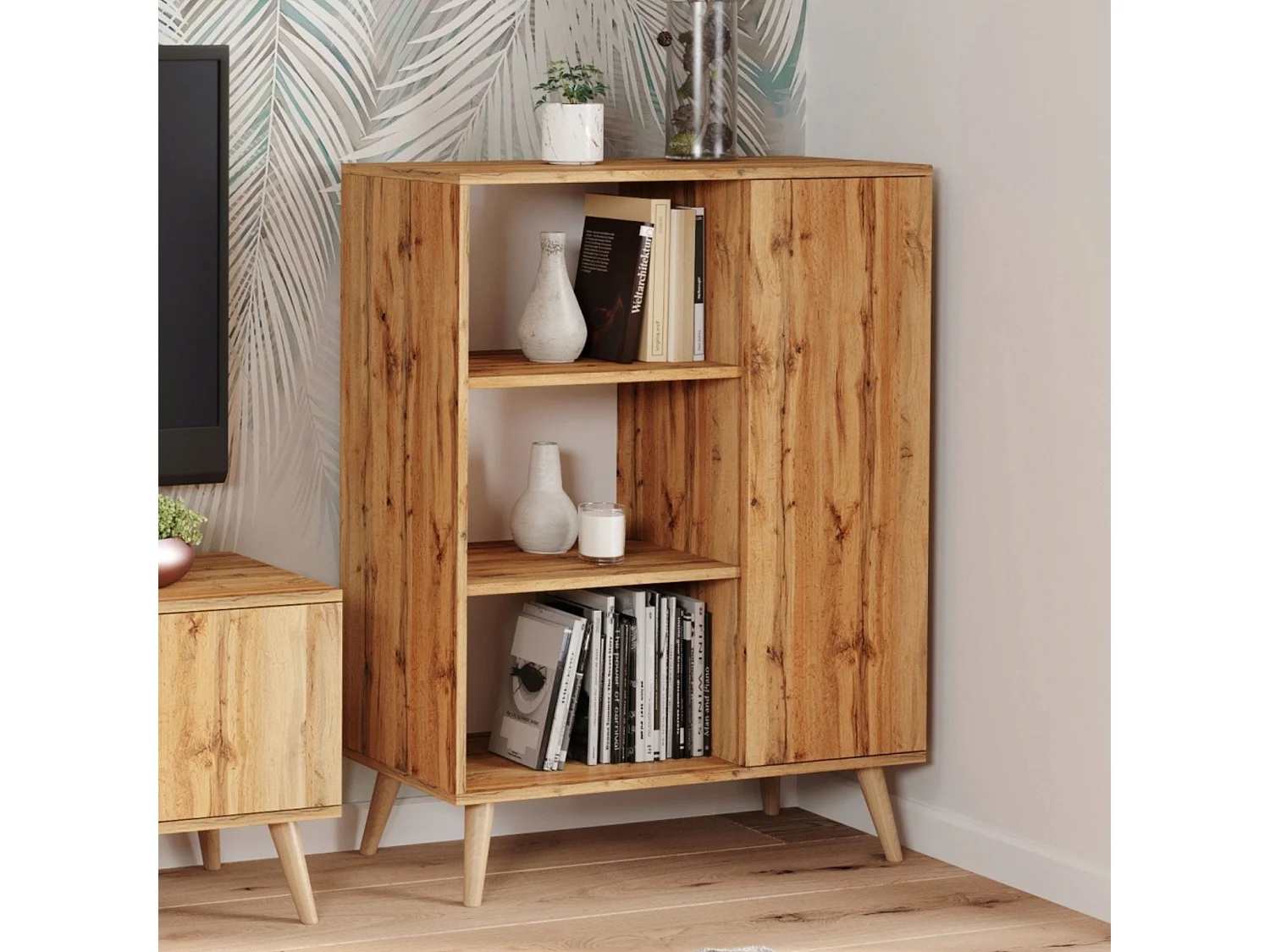 Librería Color Roble Dorado 90x116x40 cm – Estilo Escandinavo con 3 Estantes, 1 Puerta y Patas de Madera