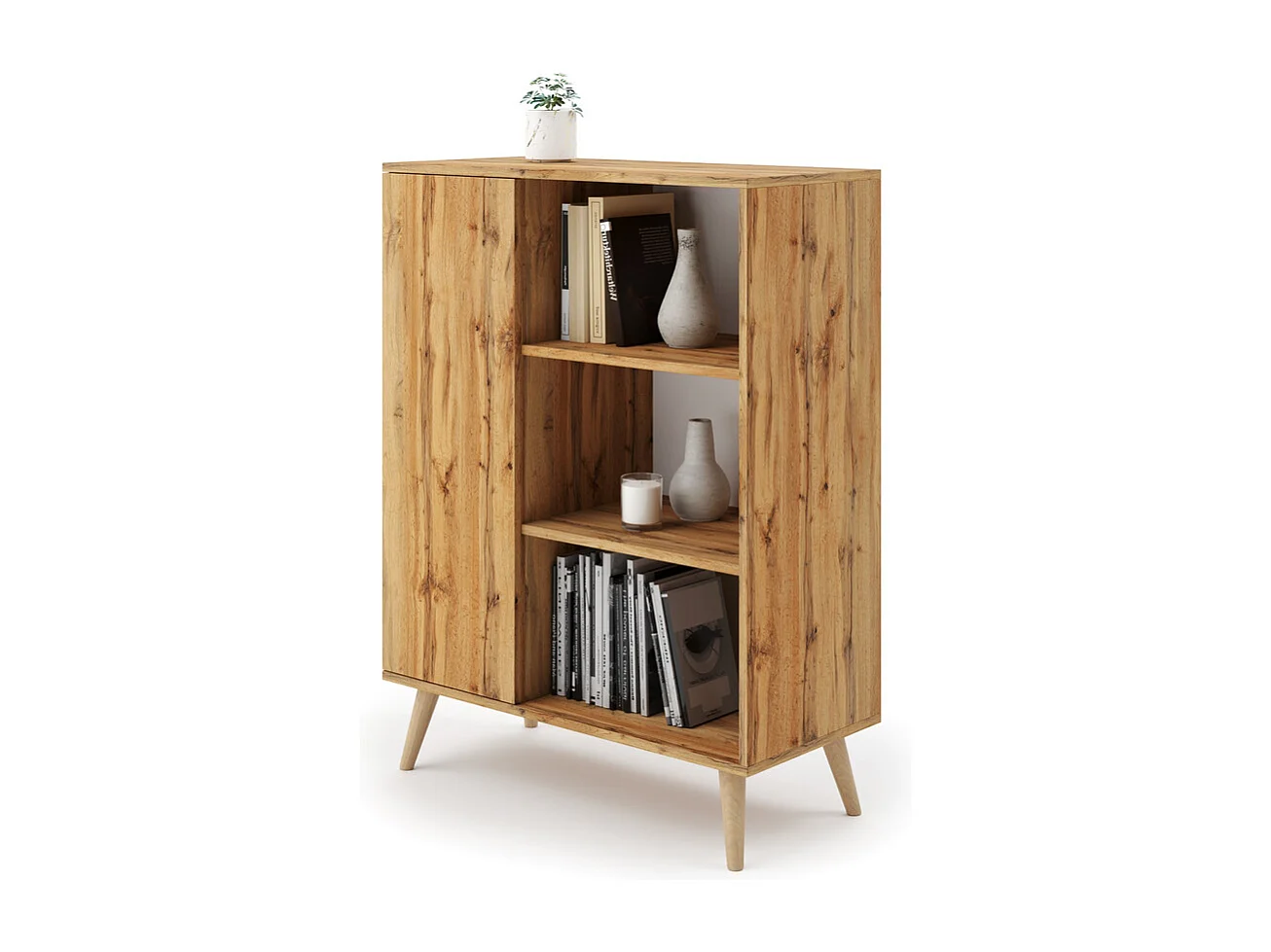 Librería Color Roble Dorado 90x116x40 cm – Estilo Escandinavo con 3 Estantes, 1 Puerta y Patas de Madera