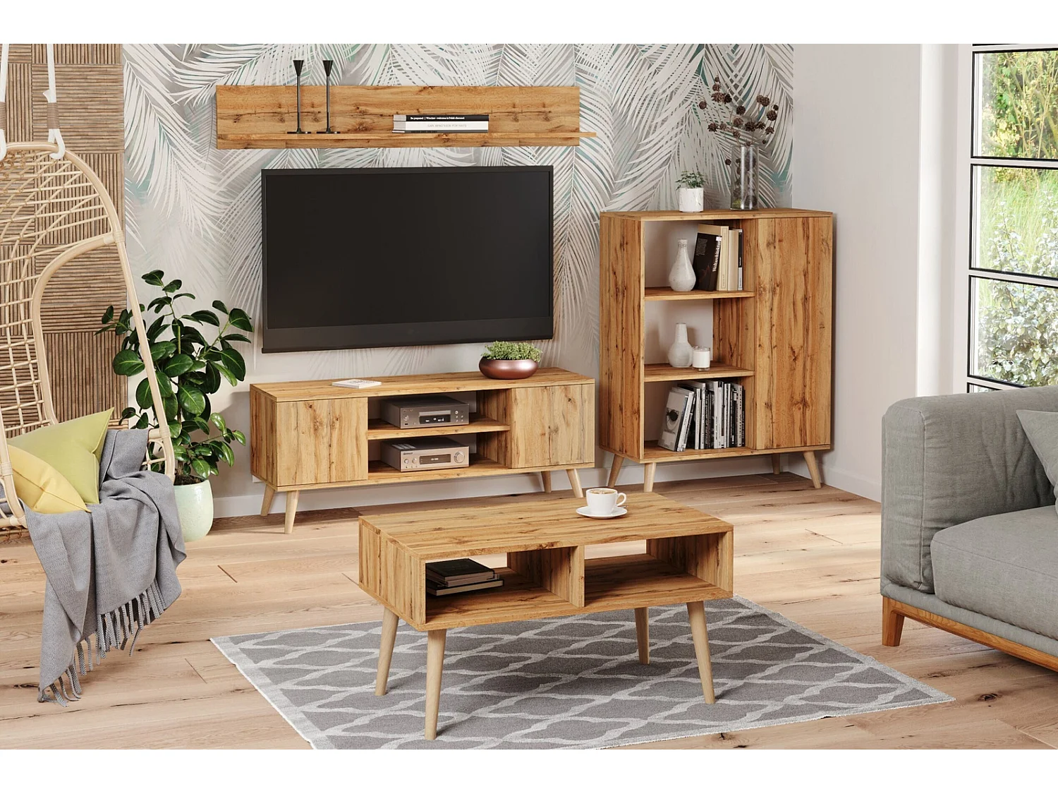 Librería Color Roble Dorado 90x116x40 cm – Estilo Escandinavo con 3 Estantes, 1 Puerta y Patas de Madera