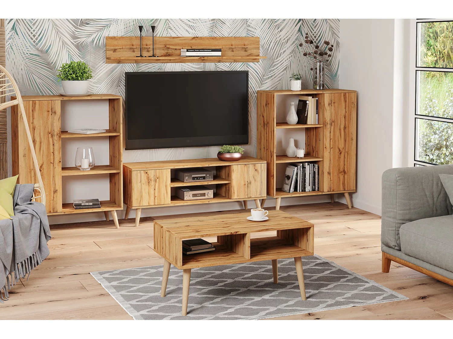 Librería Color Roble Dorado 90x116x40 cm – Estilo Escandinavo con 3 Estantes, 1 Puerta y Patas de Madera