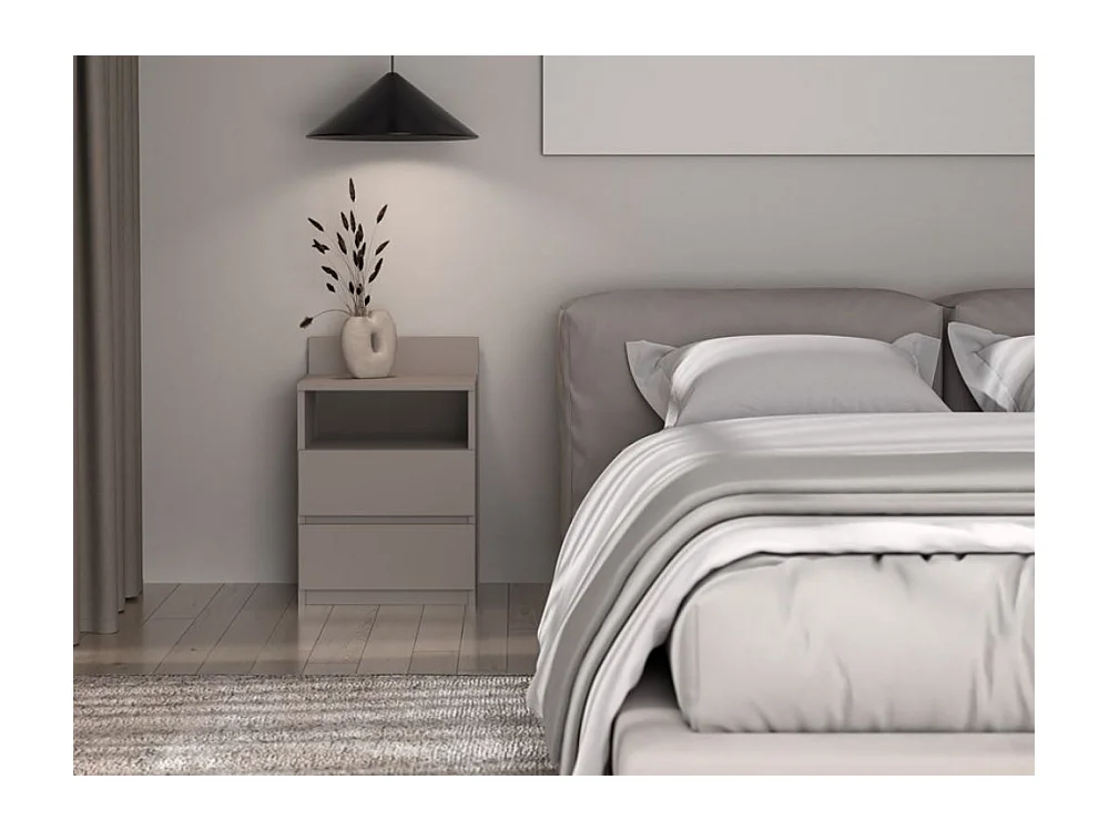 Mesita de Noche 2 Cajones Color Cashmere – 40x59x32 cm – Cajones con Guías Suaves – Diseño Elegante y Seguro