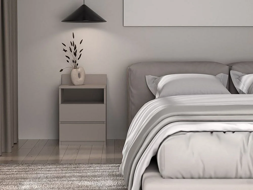 Mesita de Noche 2 Cajones Color Cashmere – 40x59x32 cm – Cajones con Guías Suaves – Diseño Elegante y Seguro