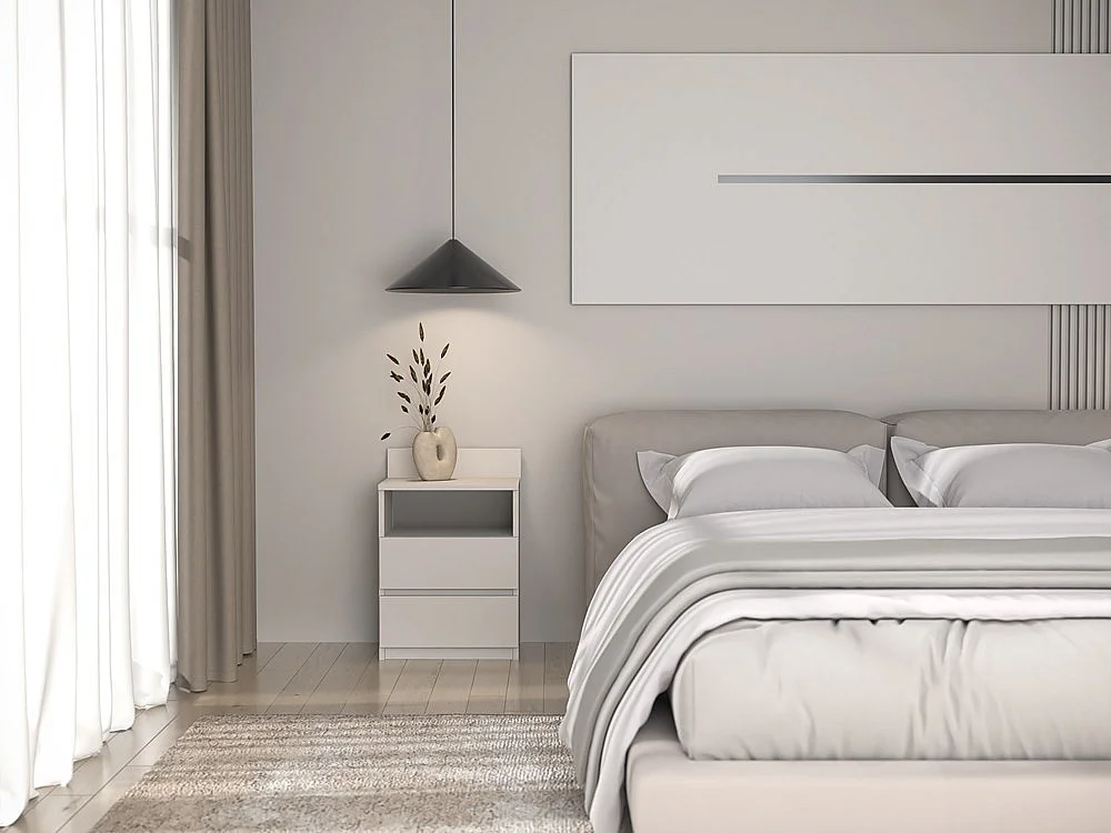 Mesita de Noche 2 Cajones Color Cashmere – 40x59x32 cm – Cajones con Guías Suaves – Diseño Elegante y Seguro