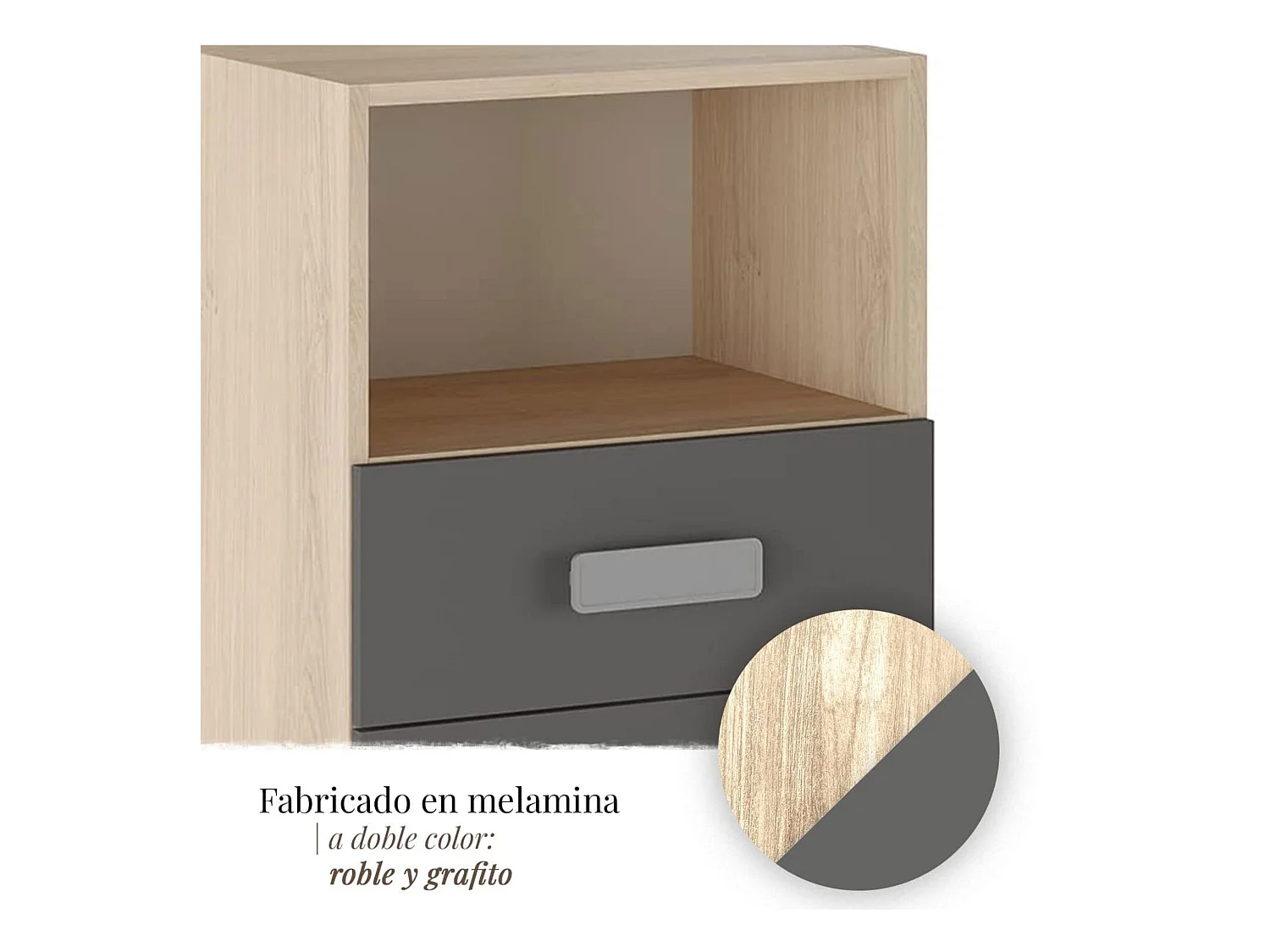 Mesita de noche - Dormitorio o Mesa Auxiliar Salón, Natural y Grafito Veteado, 47.5 x 73 x 39.6 Cm