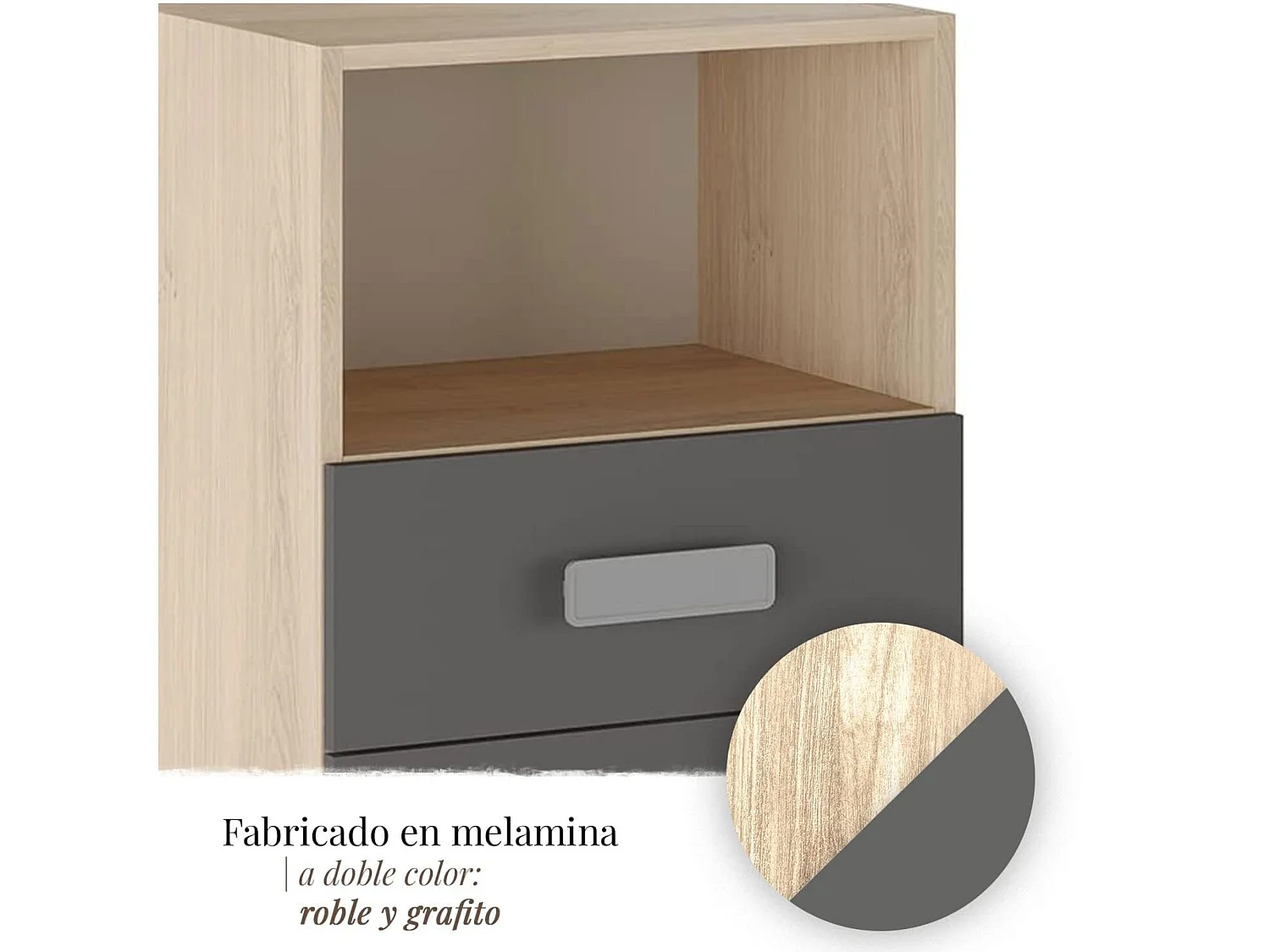 Mesita de noche - Dormitorio o Mesa Auxiliar Salón, Natural y Grafito Veteado, 47.5 x 73 x 39.6 Cm