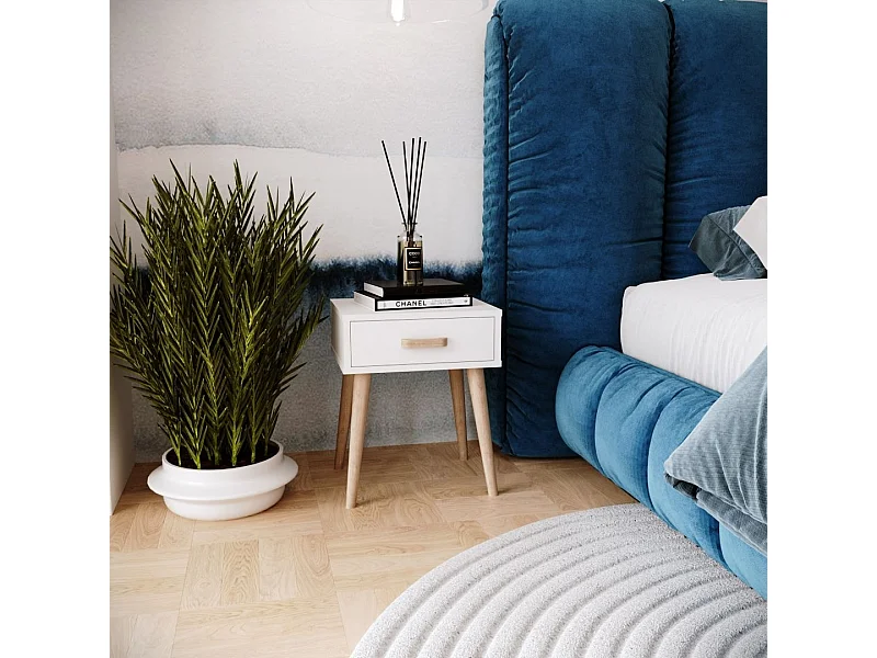 Mesita de Noche Moderna Blanca – 1 Cajón y Patas en Madera Natural – Compacta y Elegante