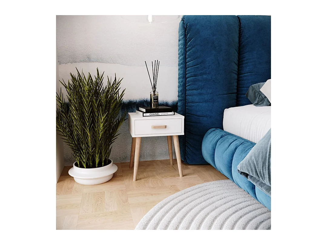 Mesita de Noche Moderna Blanca – 1 Cajón y Patas en Madera Natural – Compacta y Elegante