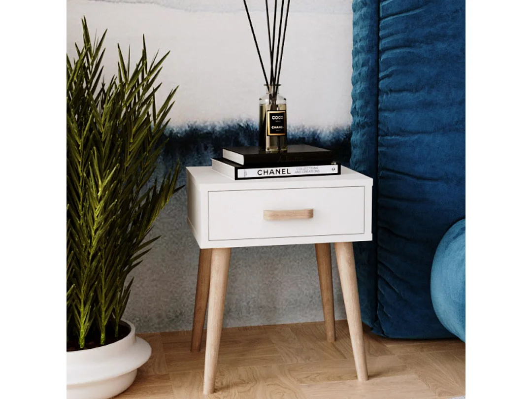 Mesita de Noche Moderna Blanca – 1 Cajón y Patas en Madera Natural – Compacta y Elegante