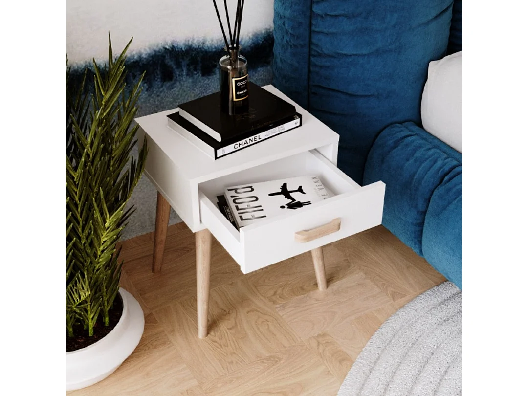 Mesita de Noche Moderna Blanca – 1 Cajón y Patas en Madera Natural – Compacta y Elegante