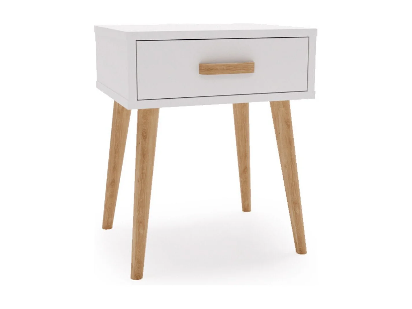 Mesita de Noche Moderna Blanca – 1 Cajón y Patas en Madera Natural – Compacta y Elegante