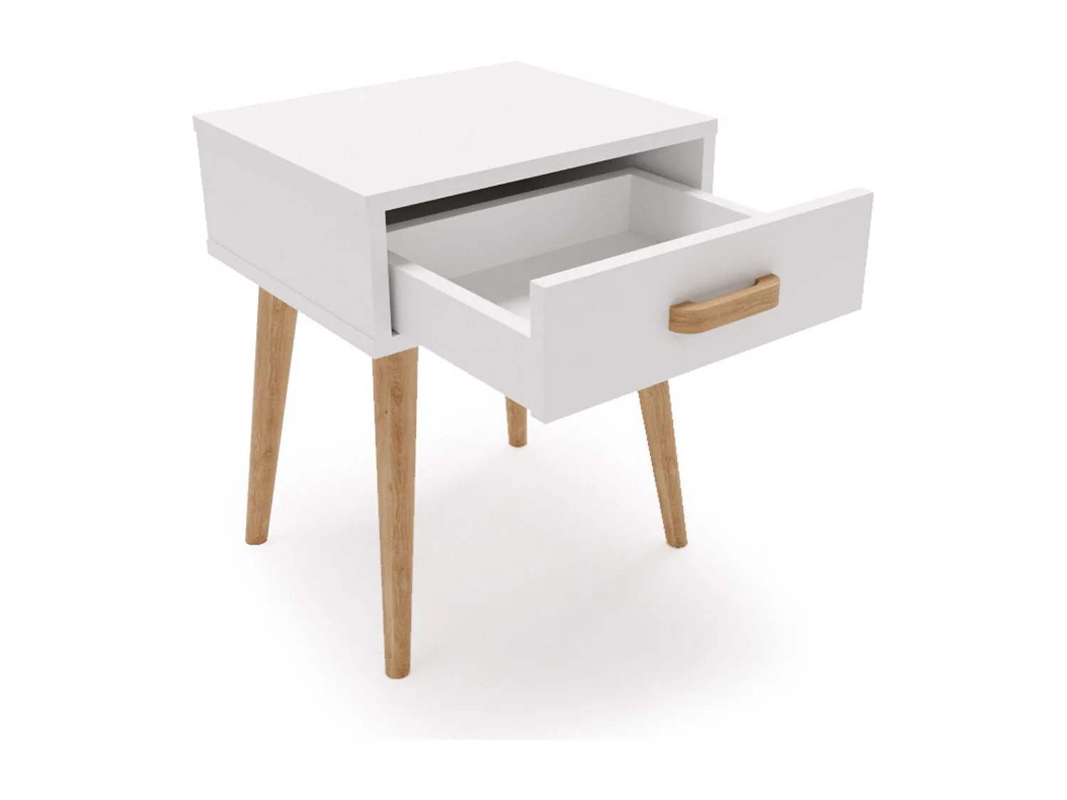 Mesita de Noche Moderna Blanca – 1 Cajón y Patas en Madera Natural – Compacta y Elegante