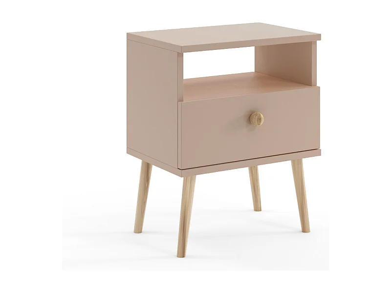 Mesilla de Noche Nórdica – Color Macchiato con Patas de Madera – 1 Cajón y Estante Abierto 44x55,5x31 cm