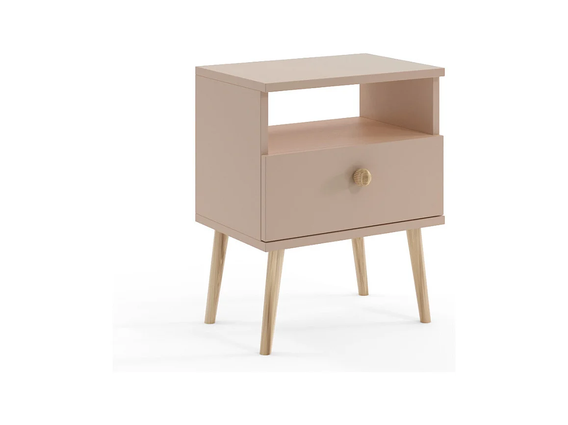 Mesilla de Noche Nórdica – Color Macchiato con Patas de Madera – 1 Cajón y Estante Abierto 44x55,5x31 cm