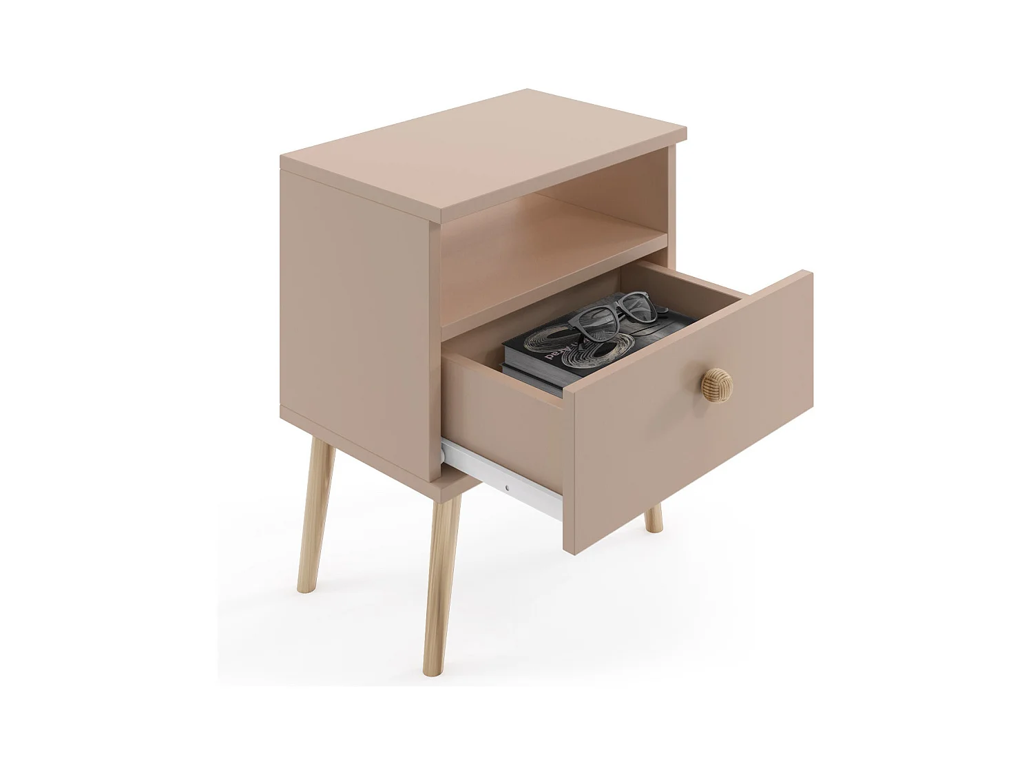 Mesilla de Noche Nórdica – Color Macchiato con Patas de Madera – 1 Cajón y Estante Abierto 44x55,5x31 cm