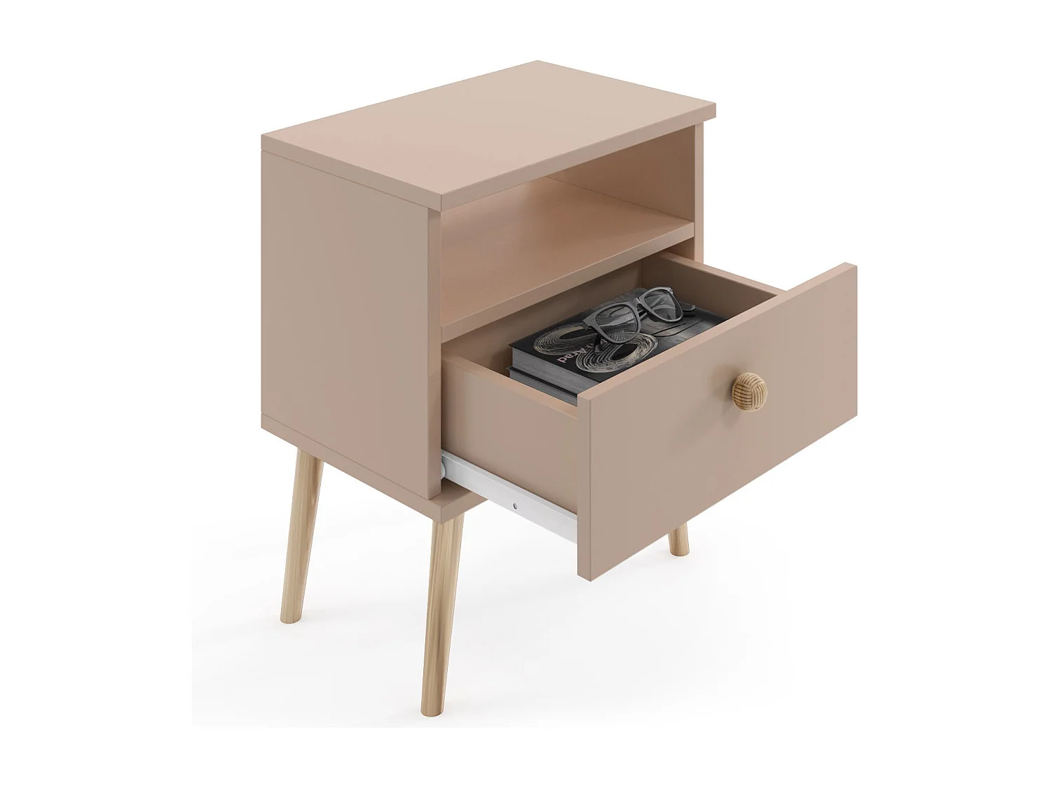 Mesilla de Noche Nórdica – Color Macchiato con Patas de Madera – 1 Cajón y Estante Abierto 44x55,5x31 cm