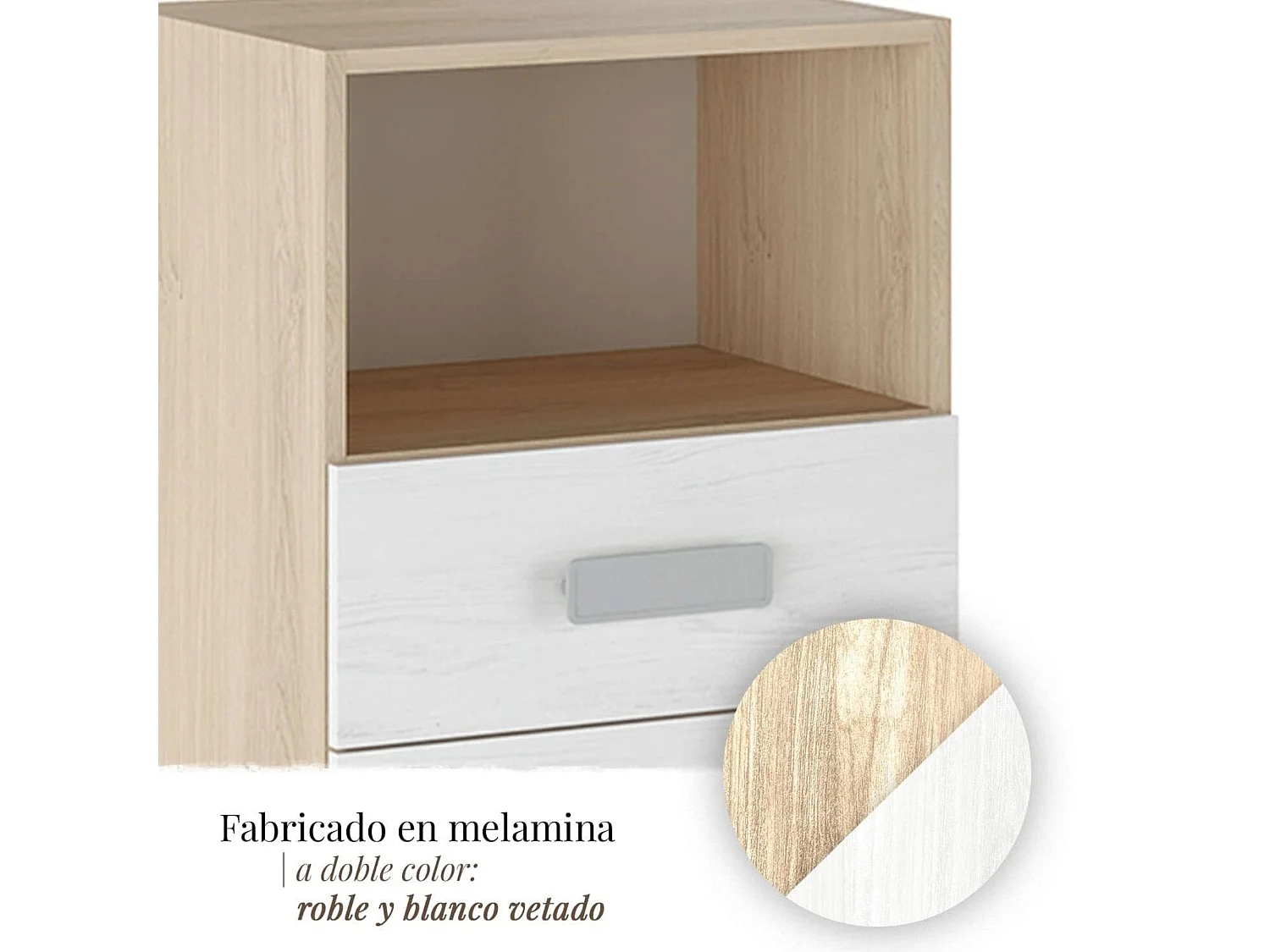 Mesita de noche - Dormitorio o Mesa Auxiliar Salón, Natural y Blanco Veteado, 47.5 x 73 x 39.6 cm