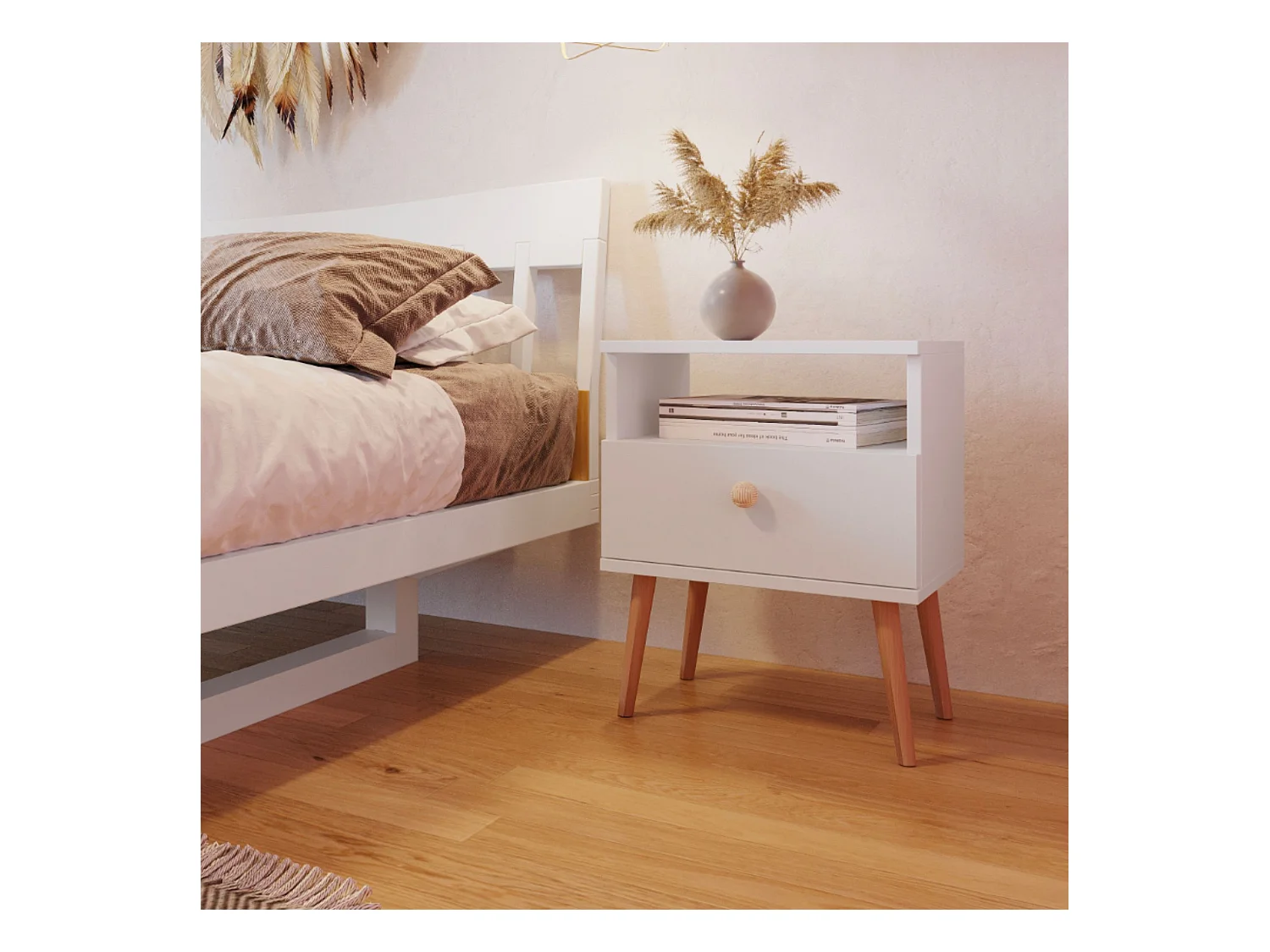 Mesilla de Noche Nórdica – Color Blanco con Patas de Madera – 1 Cajón y Estante Abierto 44x55,5x31 cm