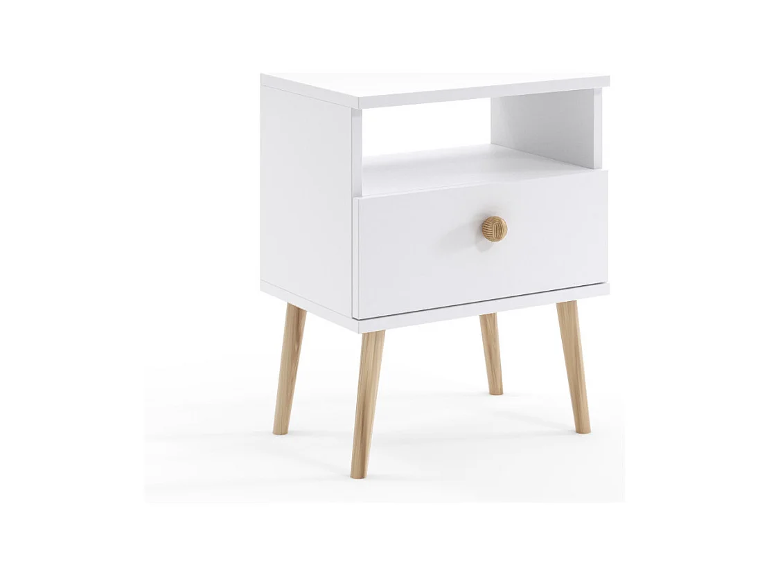 Mesilla de Noche Nórdica – Color Blanco con Patas de Madera – 1 Cajón y Estante Abierto 44x55,5x31 cm