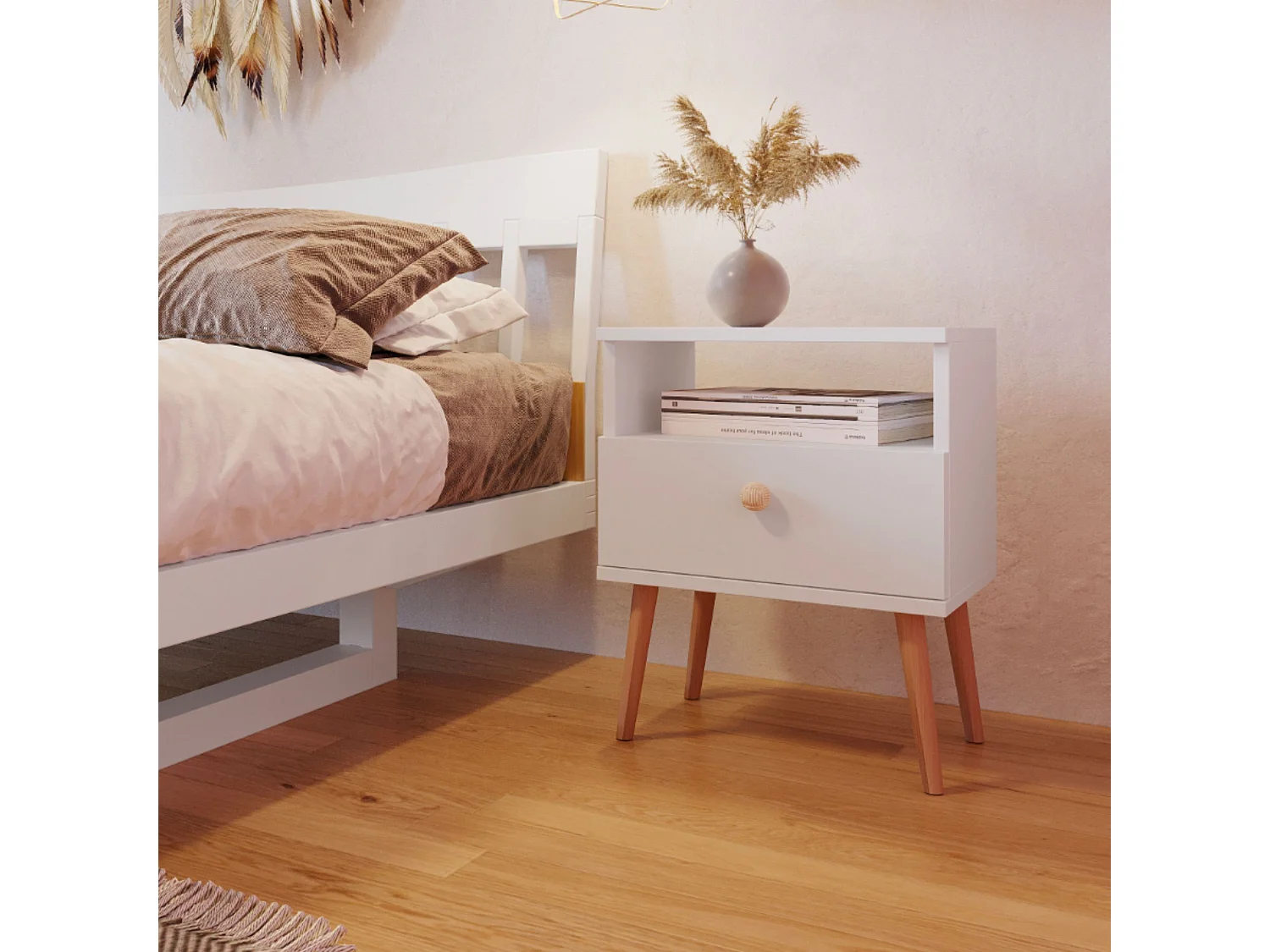 Mesilla de Noche Nórdica – Color Blanco con Patas de Madera – 1 Cajón y Estante Abierto 44x55,5x31 cm