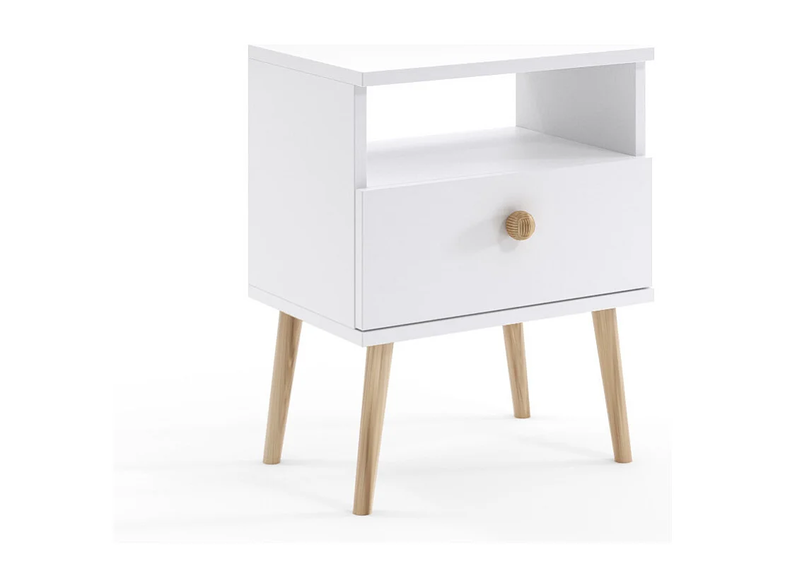 Mesilla de Noche Nórdica – Color Blanco con Patas de Madera – 1 Cajón y Estante Abierto 44x55,5x31 cm
