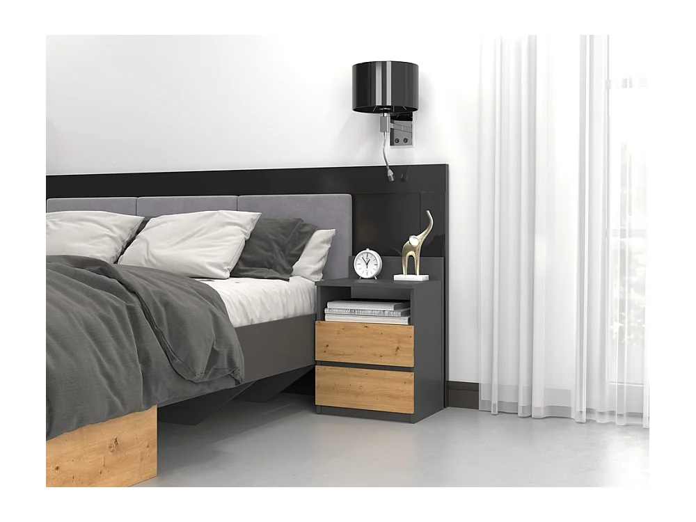 Mesita de Noche Color Roble Artesano y Antracita – 40x59x32 cm – Cajones con Guías Suaves – Diseño Elegante y Seguro