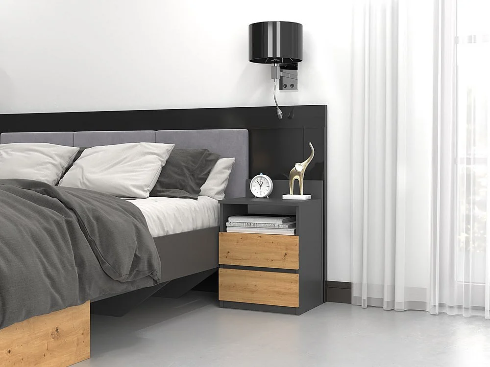 Mesita de Noche Color Roble Artesano y Antracita – 40x59x32 cm – Cajones con Guías Suaves – Diseño Elegante y Seguro