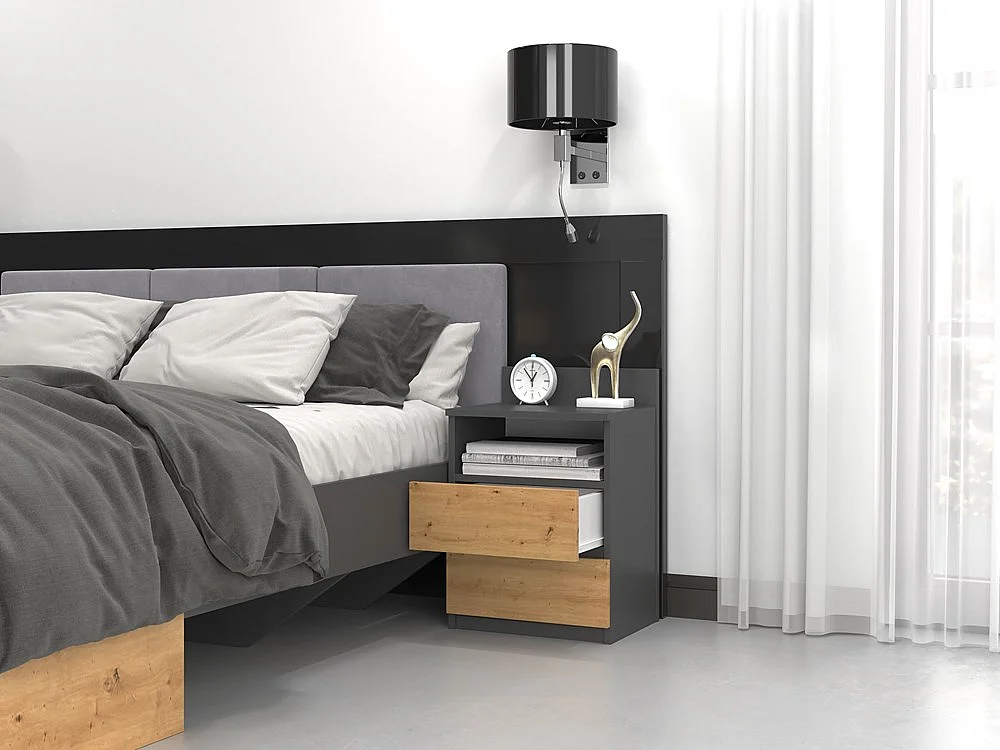 Mesita de Noche Color Roble Artesano y Antracita – 40x59x32 cm – Cajones con Guías Suaves – Diseño Elegante y Seguro