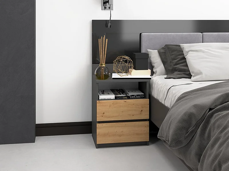 Mesita de Noche Color Roble Artesano y Antracita – 40x59x32 cm – Cajones con Guías Suaves – Diseño Elegante y Seguro