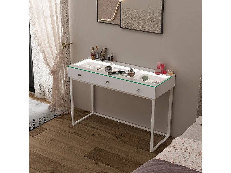 Coiffeuse Verre LED Intégrée, 3 Tiroirs - 120 x 55 cm