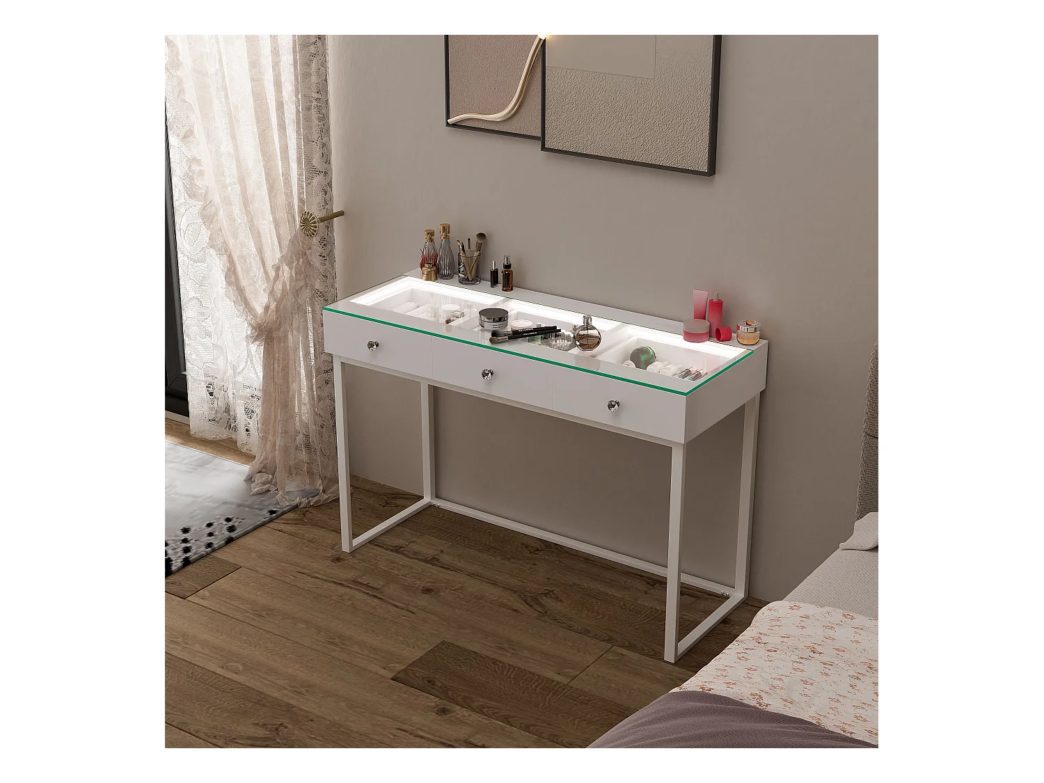 Coiffeuse Verre LED Intégrée, 3 Tiroirs - 120 x 55 cm