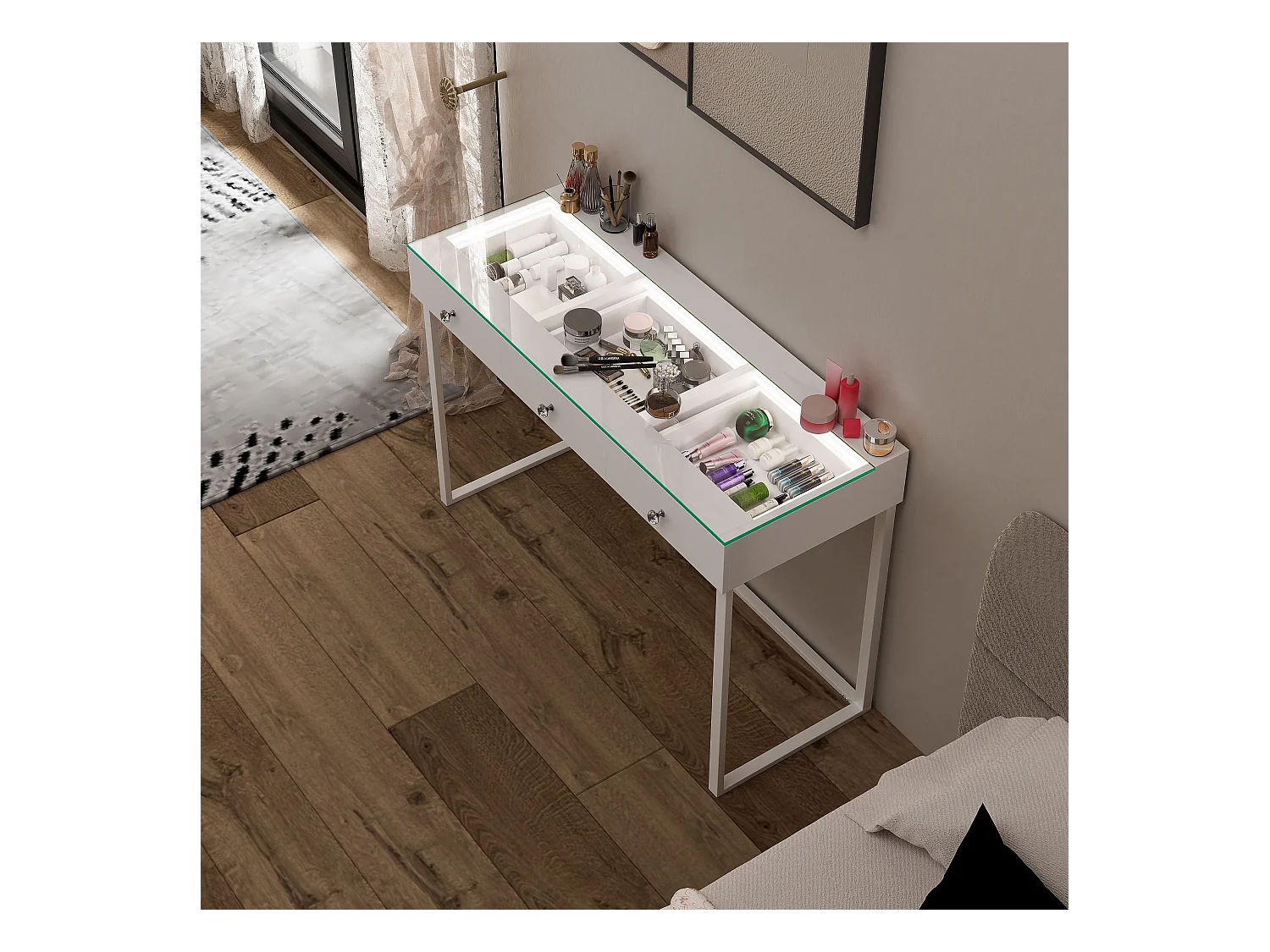 Coiffeuse Verre LED Intégrée, 3 Tiroirs - 120 x 55 cm