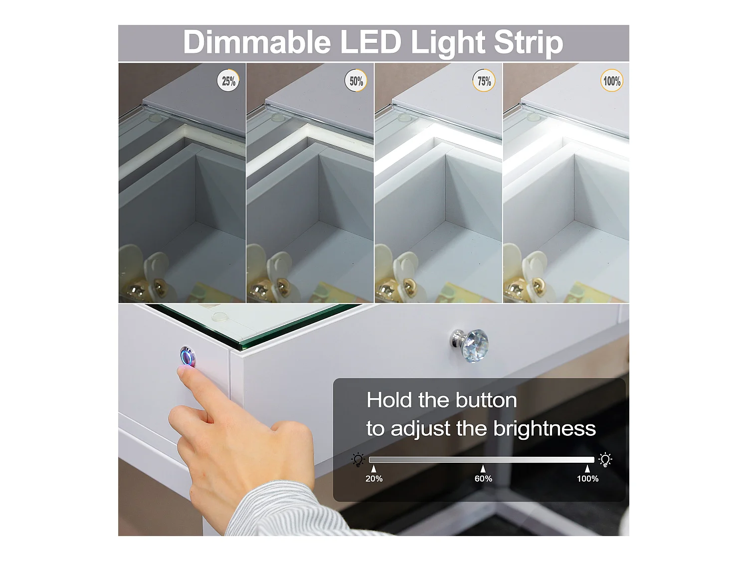 Coiffeuse Verre LED Intégrée, 3 Tiroirs - 120 x 55 cm